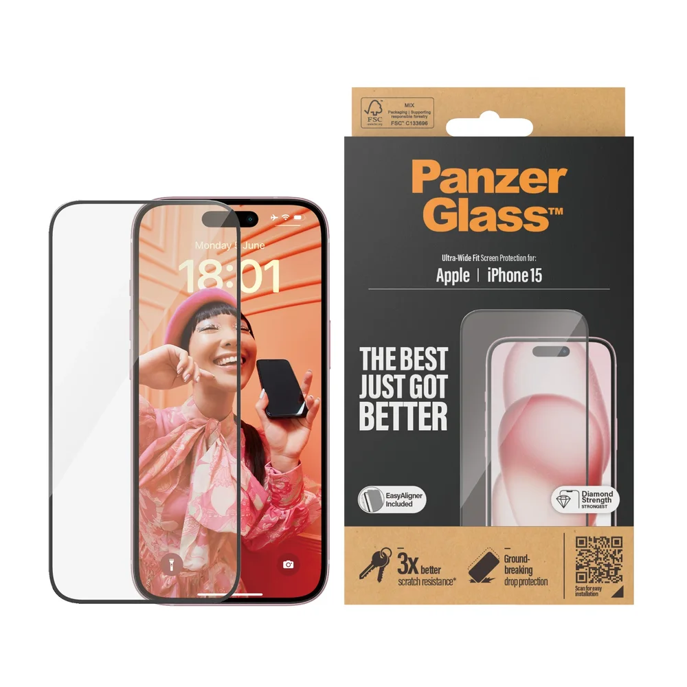 PanzerGlass iPhone 15 Skjermbeskytter med installasjonsramme - Ultra Wide Fit