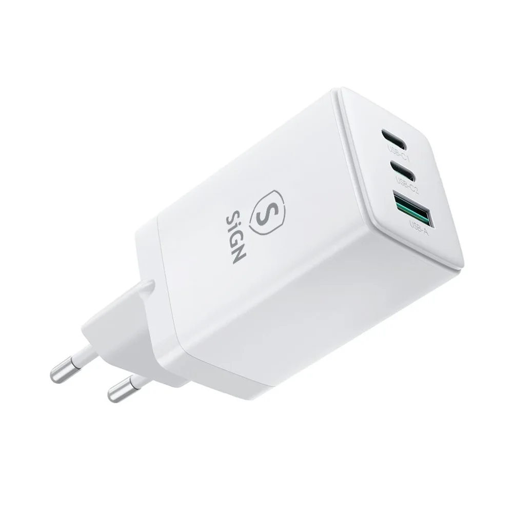 SiGN Hurtiglader GaN 2x USB-C & 1x USB-A 65W, Hvit SiGN Hurtiglader GaN 2x USB-C & 1x USB-A 65W, Hvit