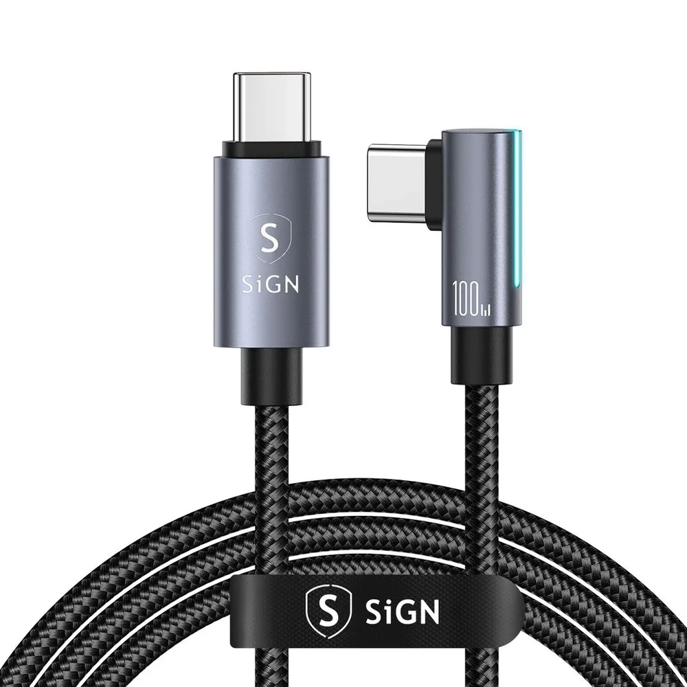 SiGN Vinklet USB-C hurtigladerkabel PD 100W 2m, Svart