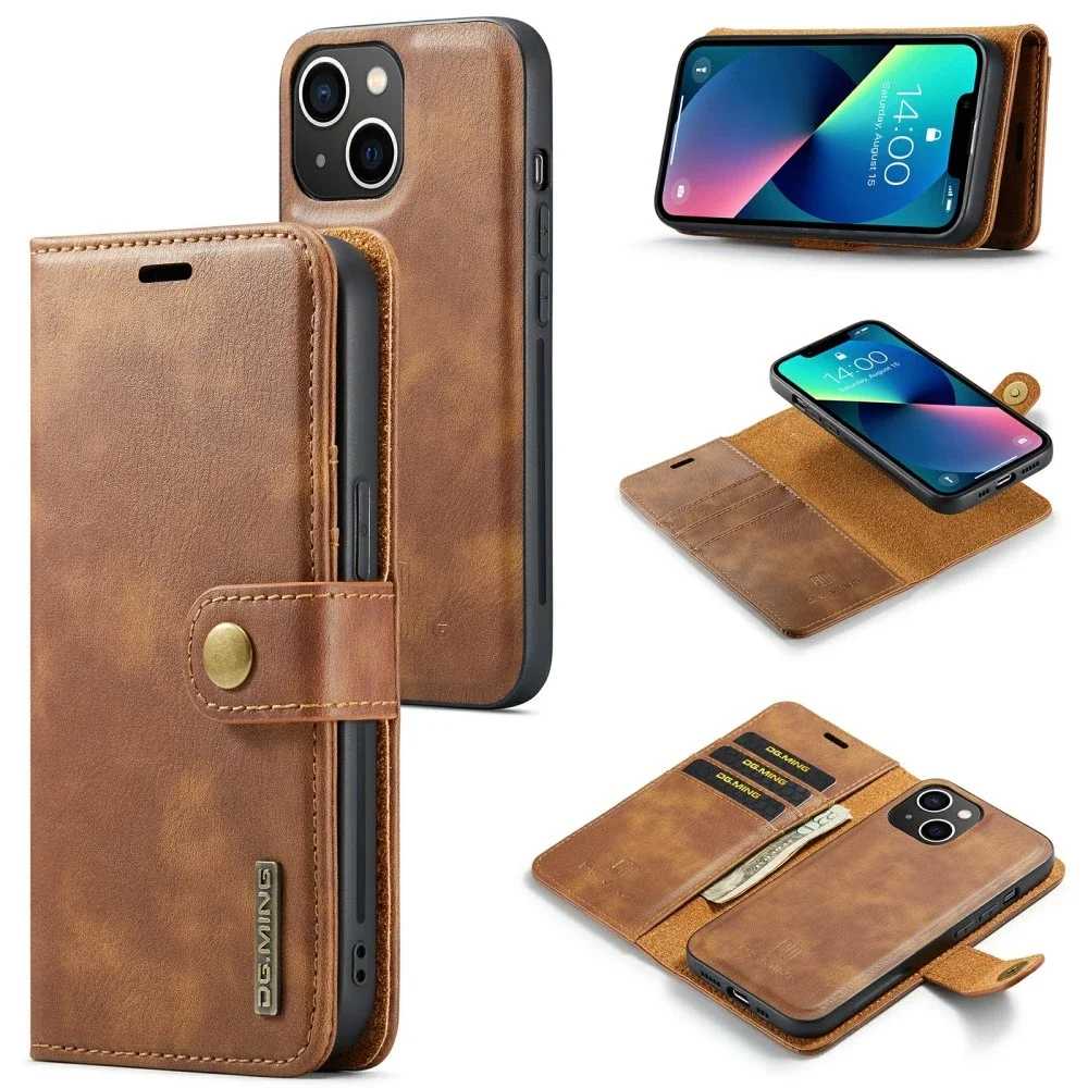 DG.MING iPhone 15 Lommeboketui med avtakbart deksel, Cognac