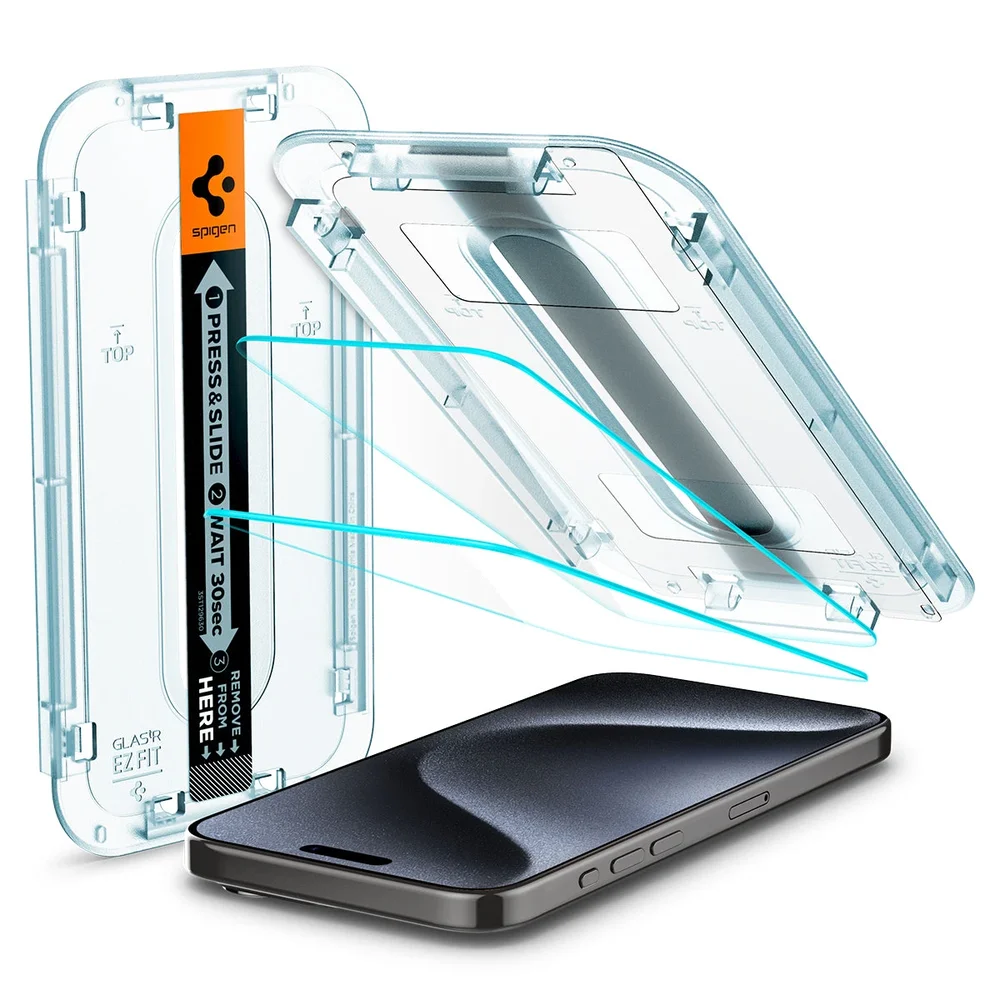 Spigen iPhone 15 Pro Skjermbeskytter med monteringsramme (2-pack) GLAS.tR EZ Fit