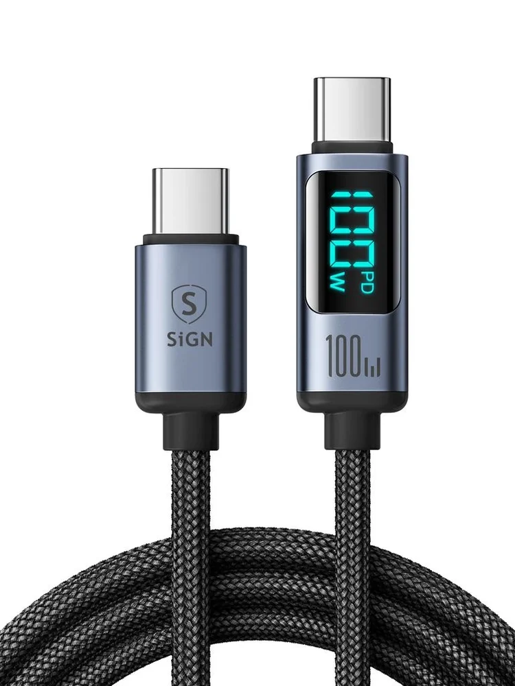 SiGN Ladekabel med Display USB-C til USB-C 100W 1.2m, Svart