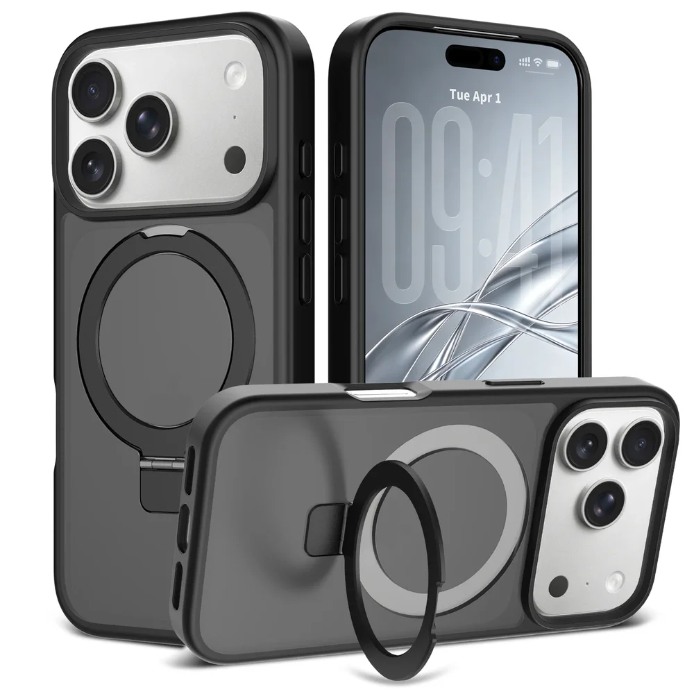 iPhone 18 Pro Max Magnetic hybriddeksel med stativfunksjon, Svart