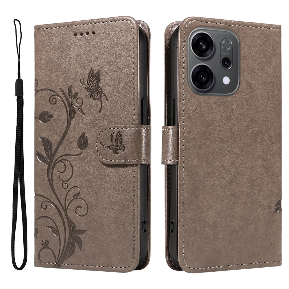 Oppo Reno 14 Mobiletui med sommerfugler, Grå Oppo Reno 14 Mobiletui med sommerfugler, Grå