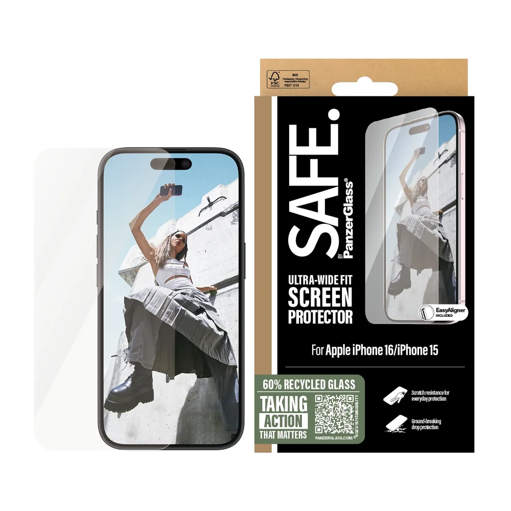 SAFE. by PanzerGlass iPhone 15 Skjermbeskytter i glass med installasjonsramme - Ultra Wide Fit