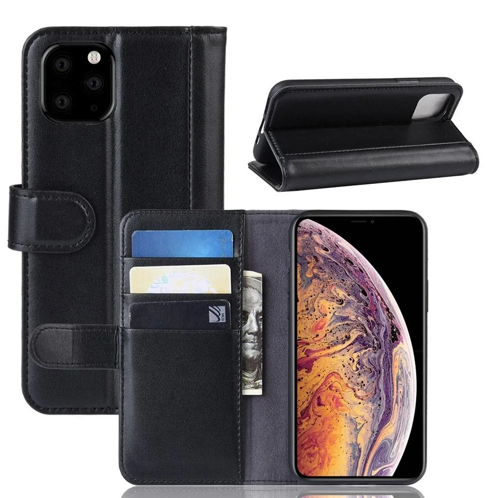 iPhone 11 Pro Max Lommeboketui i ekte skinn, Svart iPhone 11 Pro Max Lommeboketui i ekte skinn, Svart