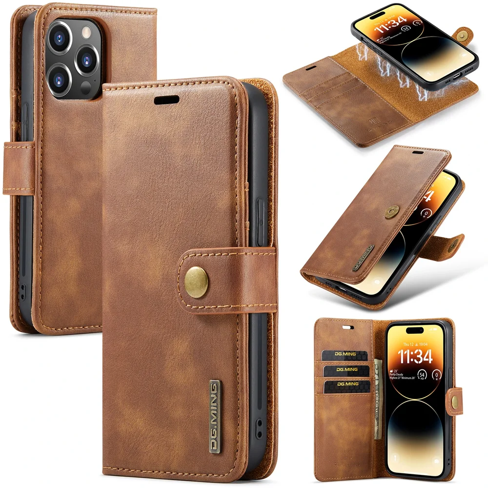 DG.MING iPhone 14 Pro Max Lommeboketui med avtakbart deksel, Cognac DG.MING iPhone 14 Pro Max Lommeboketui med avtakbart deksel, Cognac