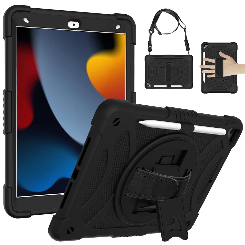 Apple iPad 10.2 7th Gen (2019) Tøft hybriddeksel med skulderrem Svart
