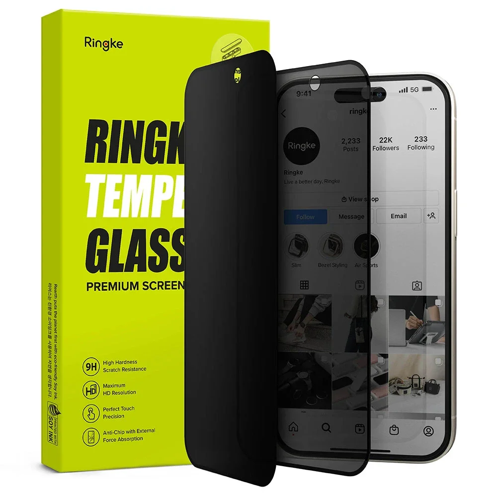Ringke iPhone 15 Pro Max Anti-spy skjermbeskytter i glass med monteringsverktøy