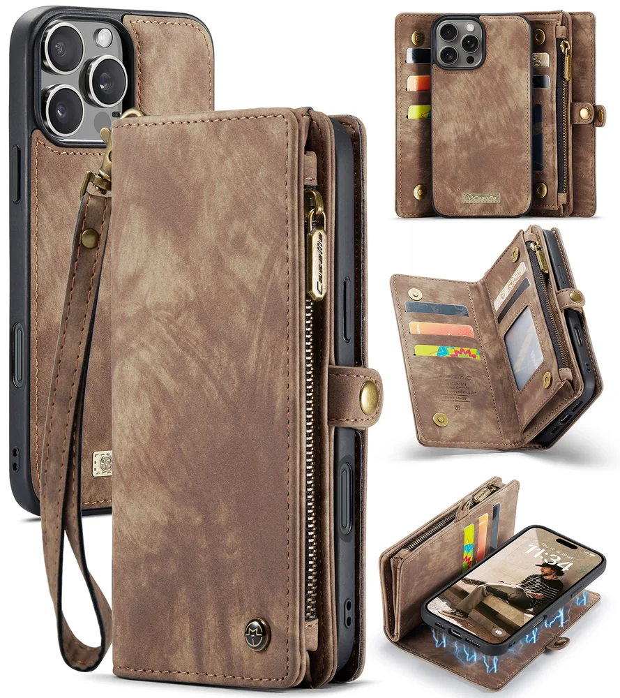 CaseMe iPhone 16 Pro Max Romslig lommeboketui med mange kortlommer, Brun CaseMe iPhone 16 Pro Max Romslig lommeboketui med mange kortlommer, Brun