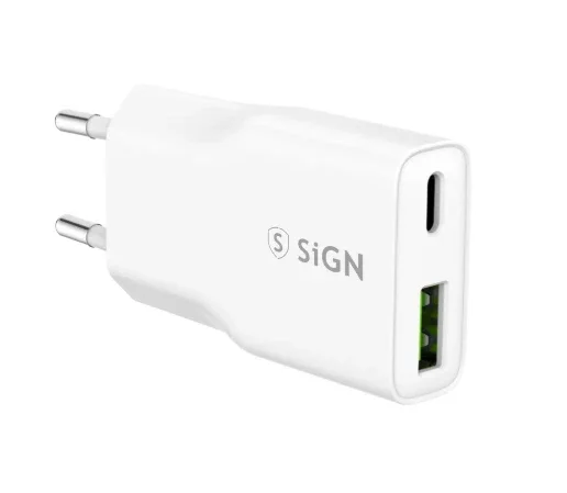 SiGN Ultra Slim GaN PD hurtiglader 20W med USB-C og USB-A, Hvit SiGN Ultra Slim GaN PD hurtiglader 20W med USB-C og USB-A, Hvit