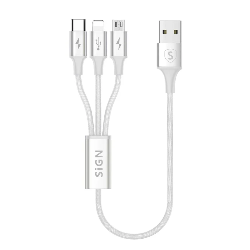 SiGN 3-in-1 ladekabel USB-C + Micro-USB + Lightning 0.25m, Hvit
