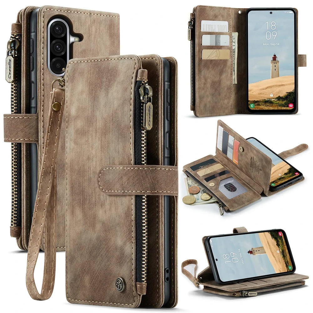 CaseMe Samsung Galaxy A57 Lommeboketui med glidelås, Brun