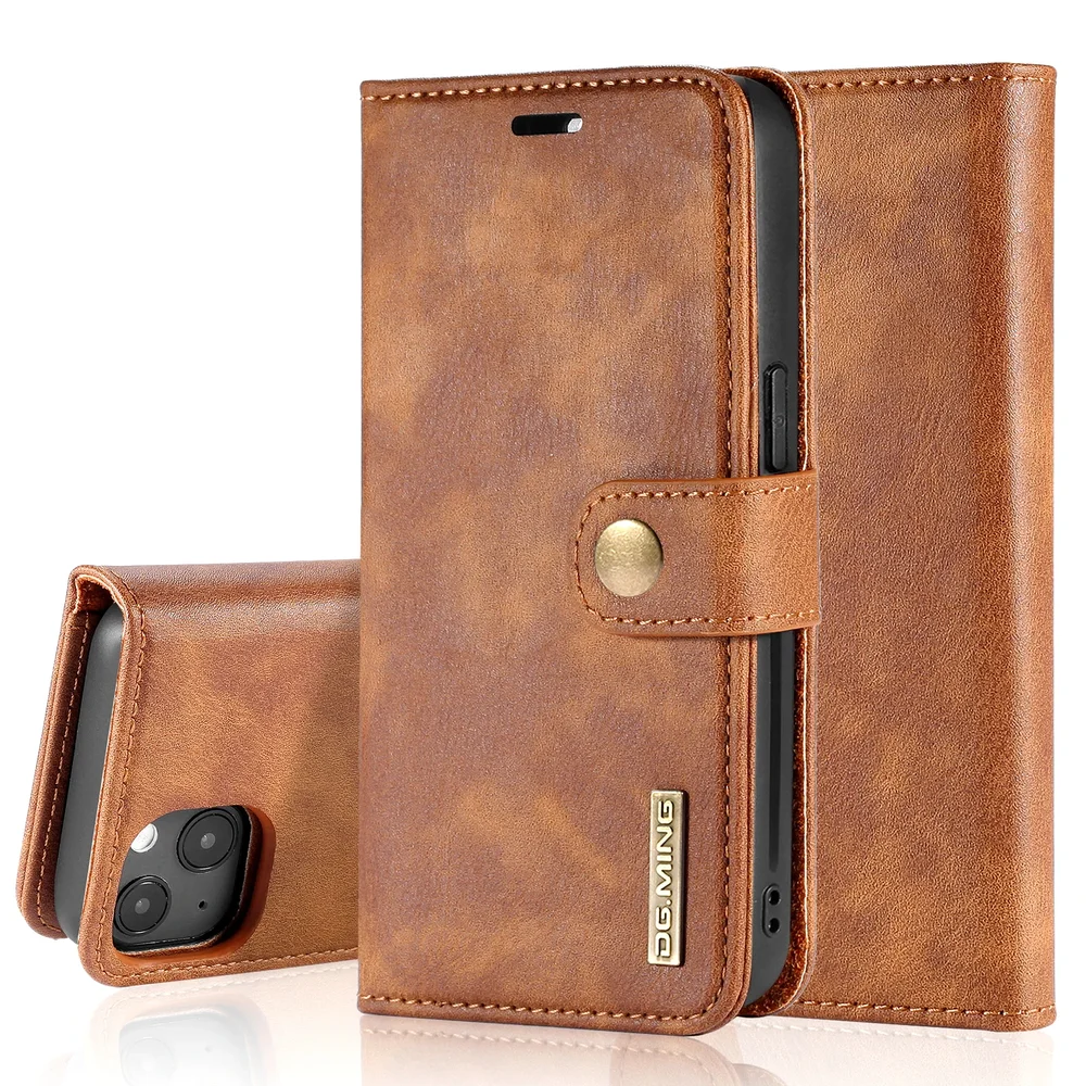 DG.MING iPhone 13 Lommeboketui med avtakbart deksel, Cognac