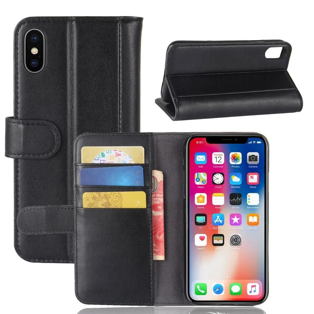 iPhone X/XS Lommeboketui i ekte skinn, Svart iPhone X/XS Lommeboketui i ekte skinn, Svart