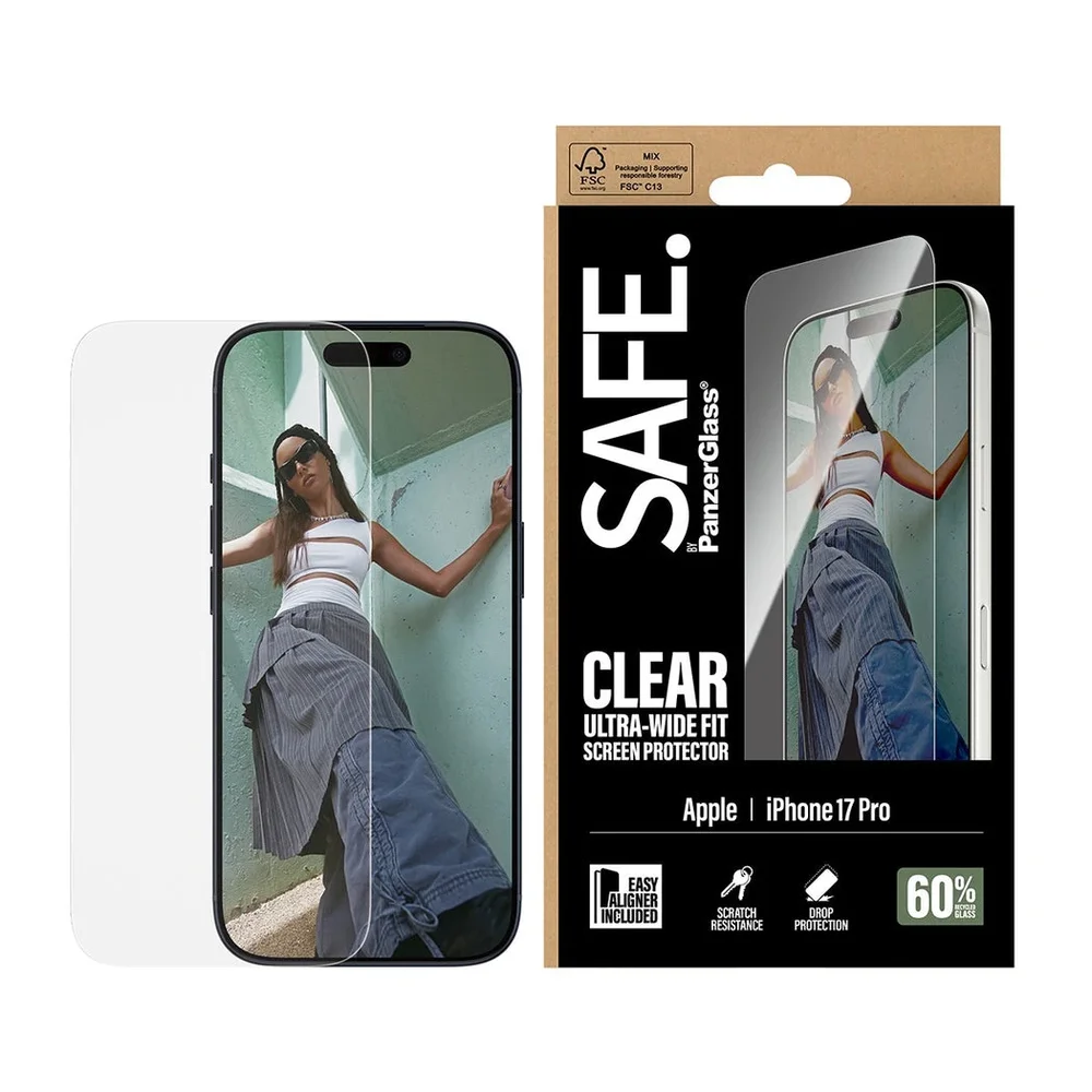 SAFE. by PanzerGlass iPhone 17 Pro Skjermbeskytter i glass med installasjonsramme - Ultra Wide Fit