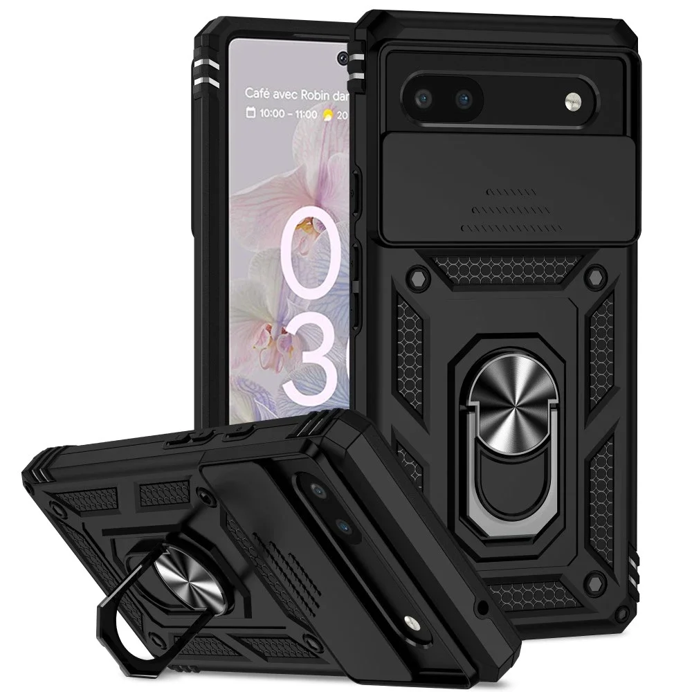 Google Pixel 6a Deksel med kameralinsebeskyttelse og finger-ring, Svart Google Pixel 6a Deksel med kameralinsebeskyttelse og finger-ring, Svart
