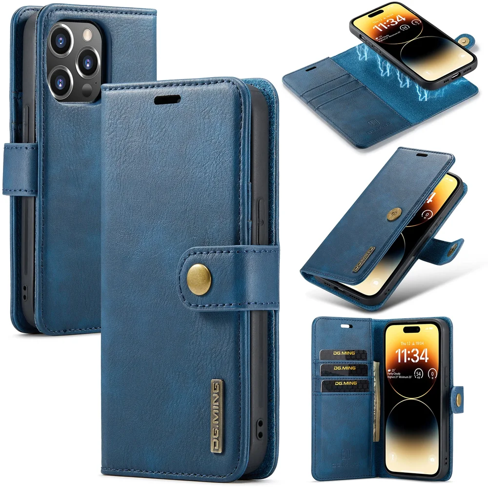 DG.MING iPhone 15 Pro Lommeboketui med avtakbart deksel, Blue DG.MING iPhone 15 Pro Lommeboketui med avtakbart deksel, Blue