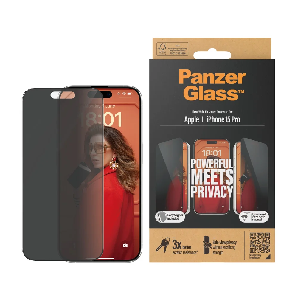PanzerGlass iPhone 15 Pro Privacy skjermbeskytter med installasjonsramme - Ultra Wide Fit