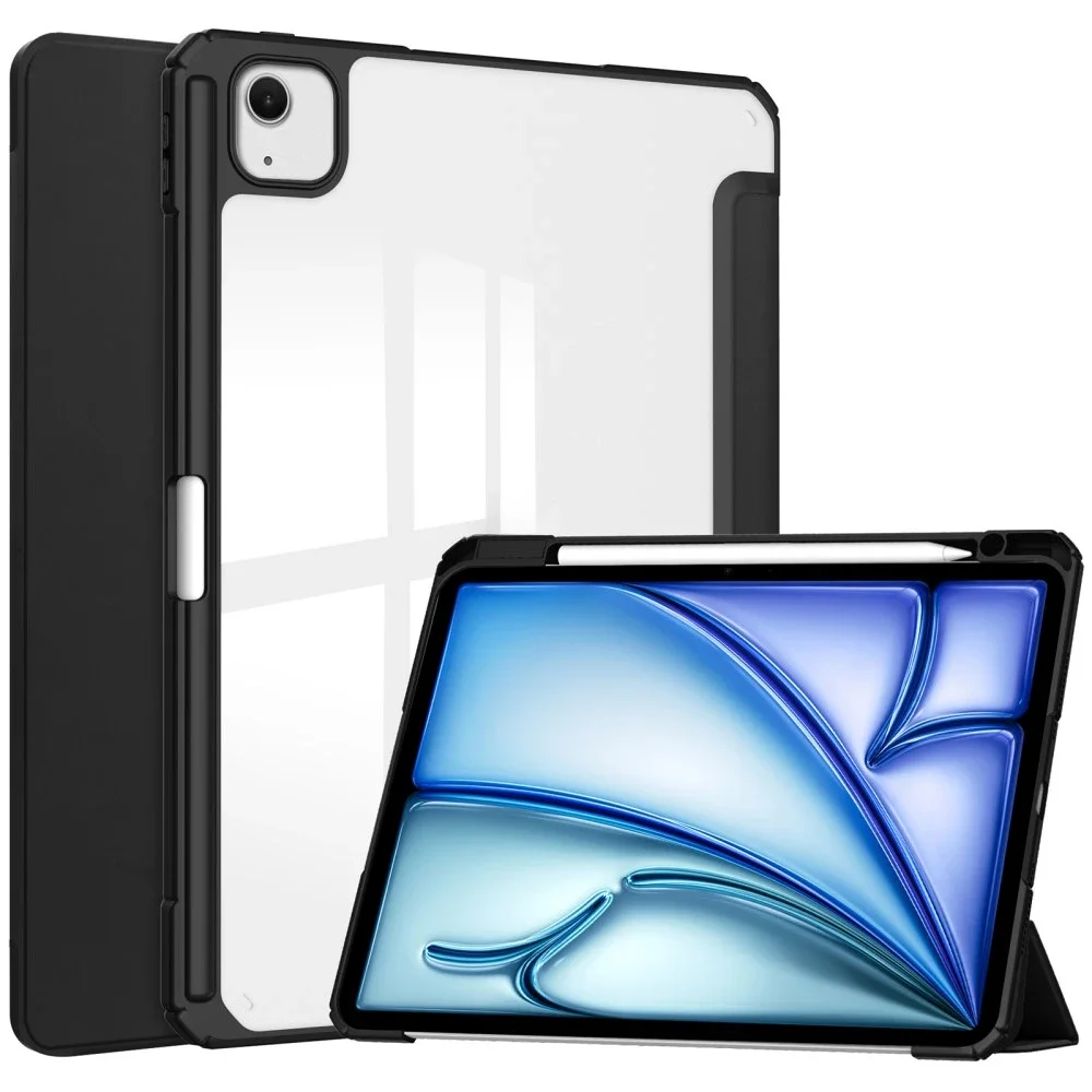 Apple iPad Air 13 2nd Gen (2025) Tri-fold etui med pennholder, Svart/gjennomsiktig