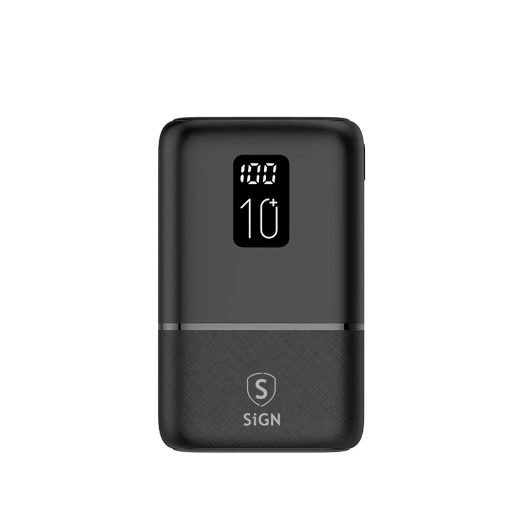 SiGN Mini Powerbank QC 10000mAh med display og trippel utgang, Svart