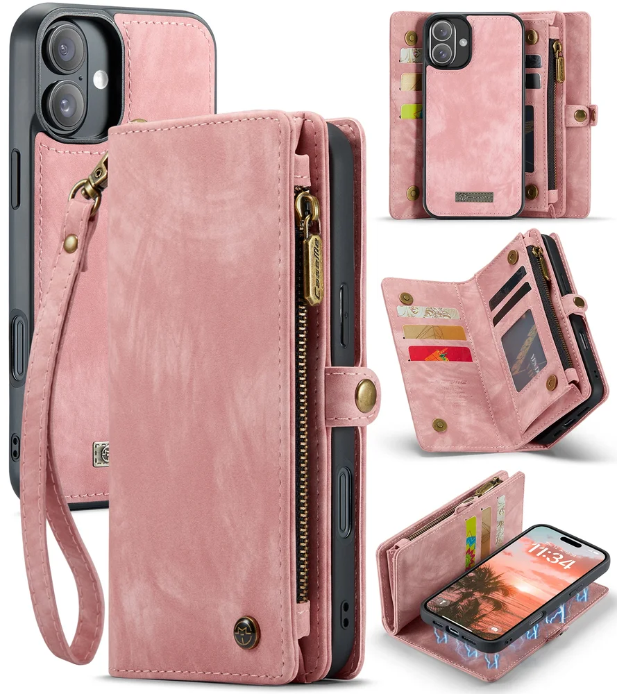 CaseMe iPhone 16 Romslig lommeboketui med mange kortlommer, Rosa CaseMe iPhone 16 Romslig lommeboketui med mange kortlommer, Rosa