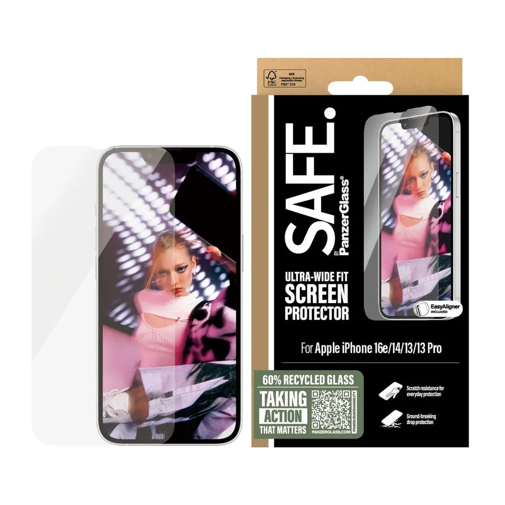 SAFE. by PanzerGlass iPhone 16e Skjermbeskytter i glass med installasjonsramme - Ultra Wide Fit