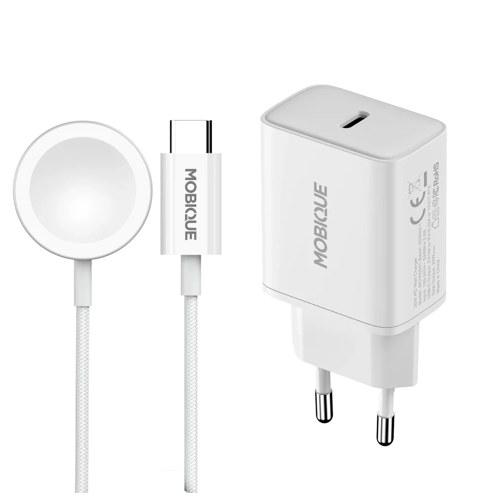 Apple Watch Series 11 42mm Lader – kabel & vegglader 20W, Hvit