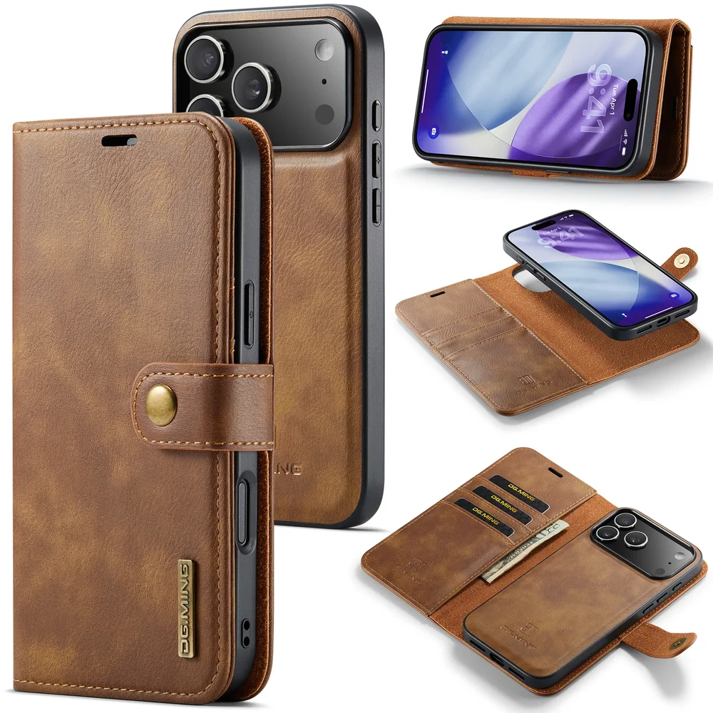 DG.MING iPhone 17 Pro Max Lommeboketui med avtakbart deksel, Cognac