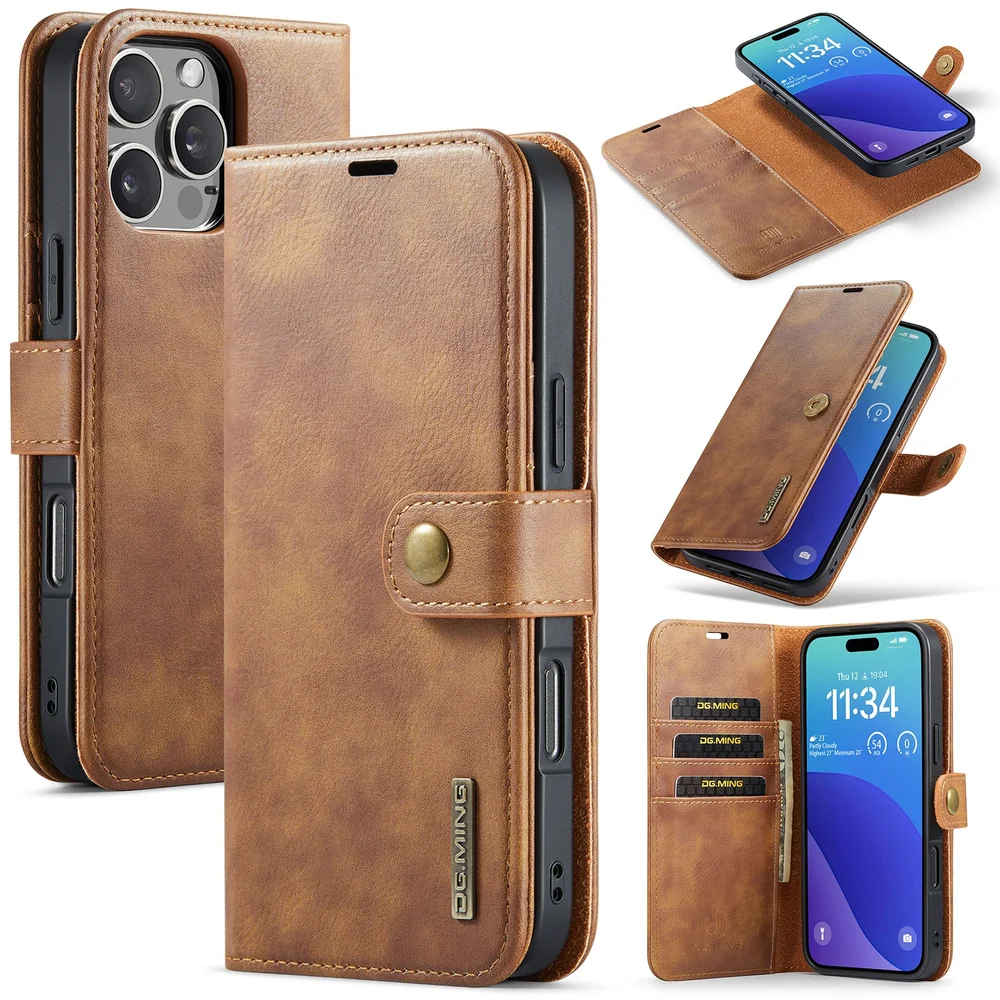 DG.MING iPhone 16 Pro Lommeboketui med avtakbart deksel, Cognac DG.MING iPhone 16 Pro Lommeboketui med avtakbart deksel, Cognac
