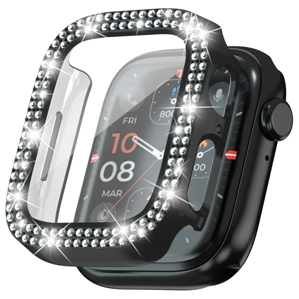 Apple Watch SE 3 44mm Heldekkende deksel med innebygd skjermbeskytter og steiner, Svart