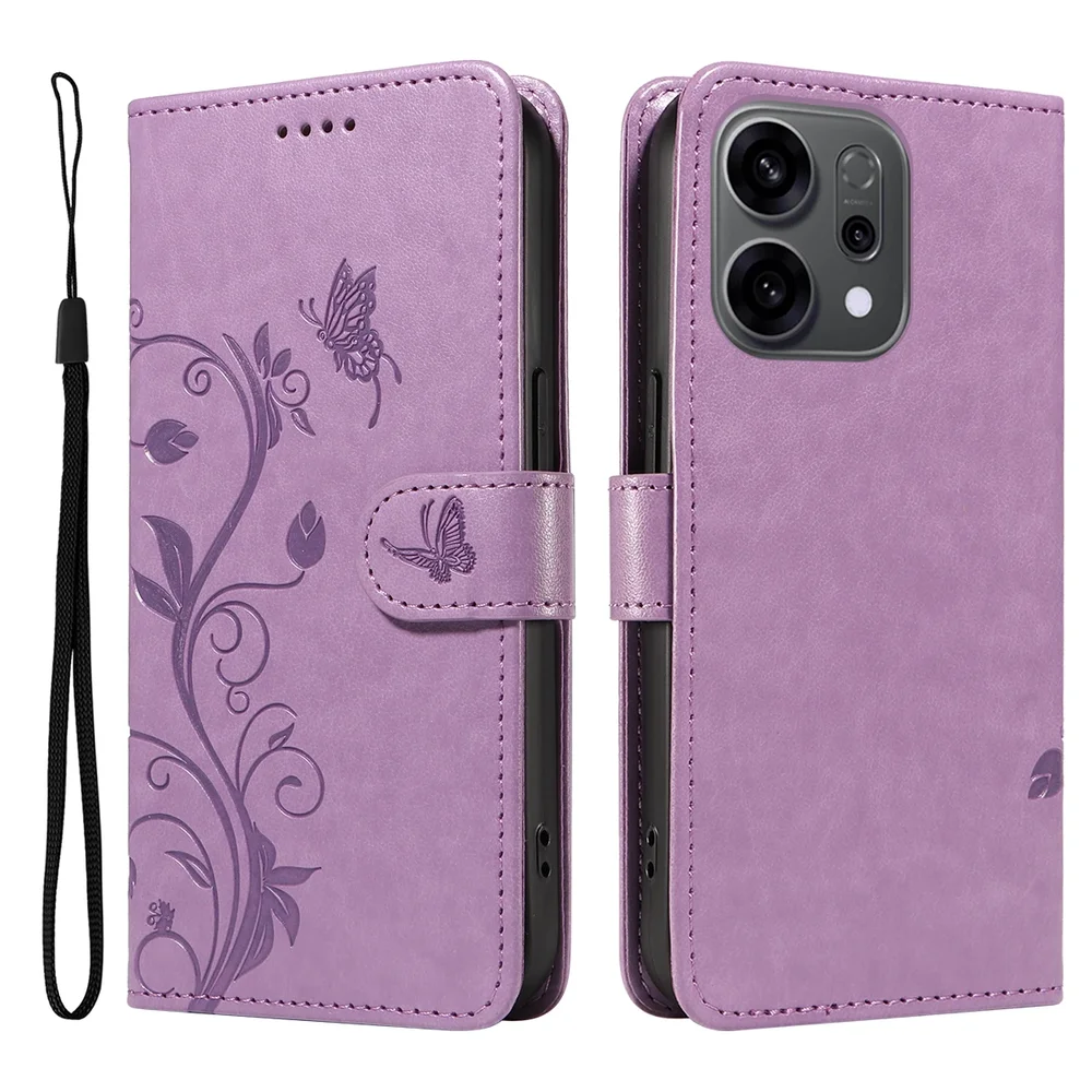Oppo Reno 14 Mobiletui med sommerfugler, Lilla Oppo Reno 14 Mobiletui med sommerfugler, Lilla