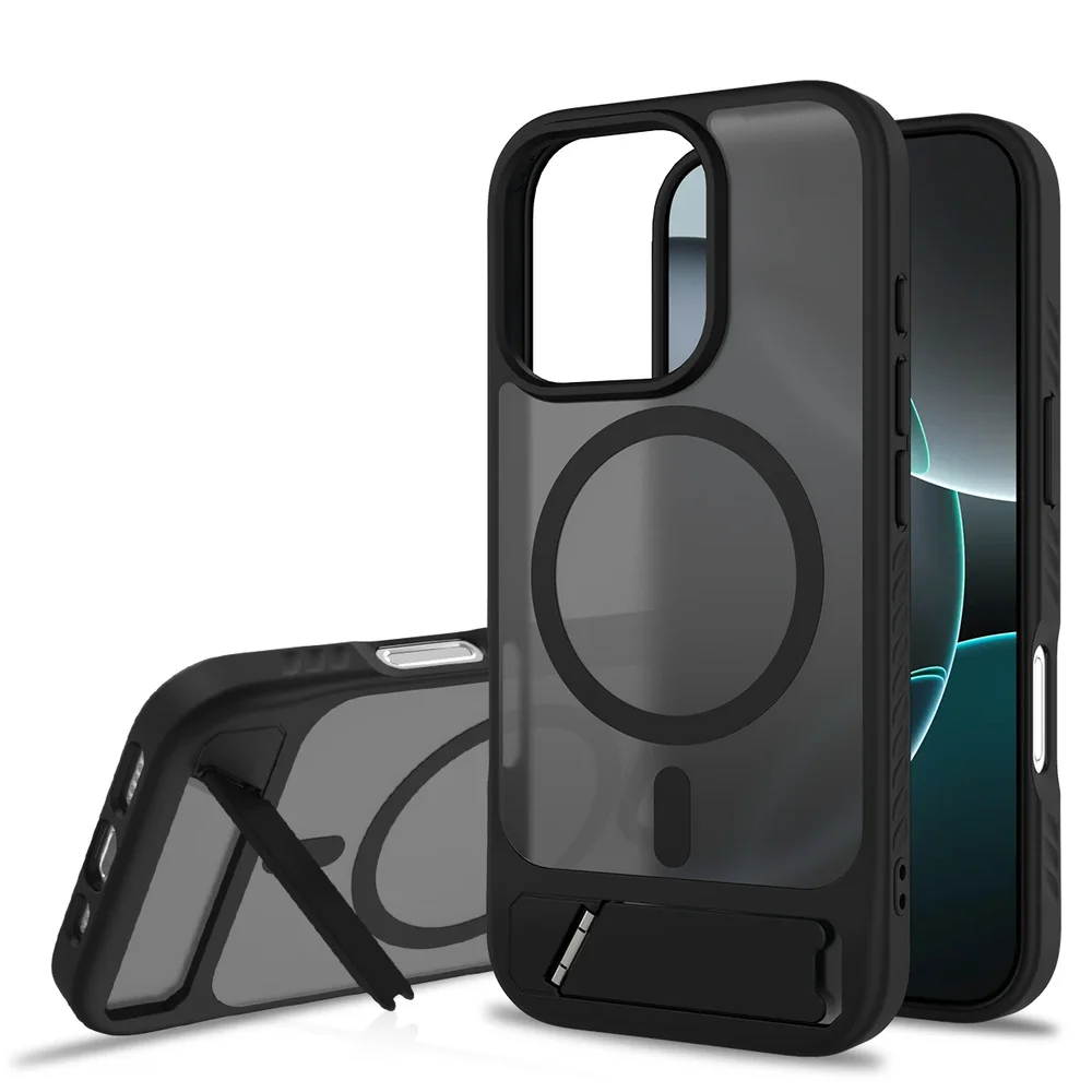 iPhone 16 Pro Magnetisk hybriddeksel med innebygd stativ, Svart