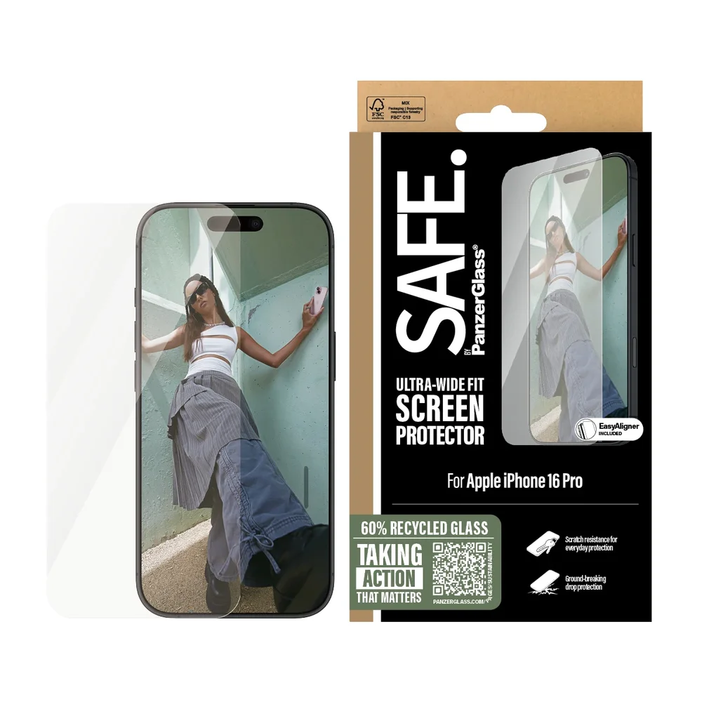 SAFE. by PanzerGlass iPhone 16 Pro Skjermbeskytter i glass med installasjonsramme - Ultra Wide Fit