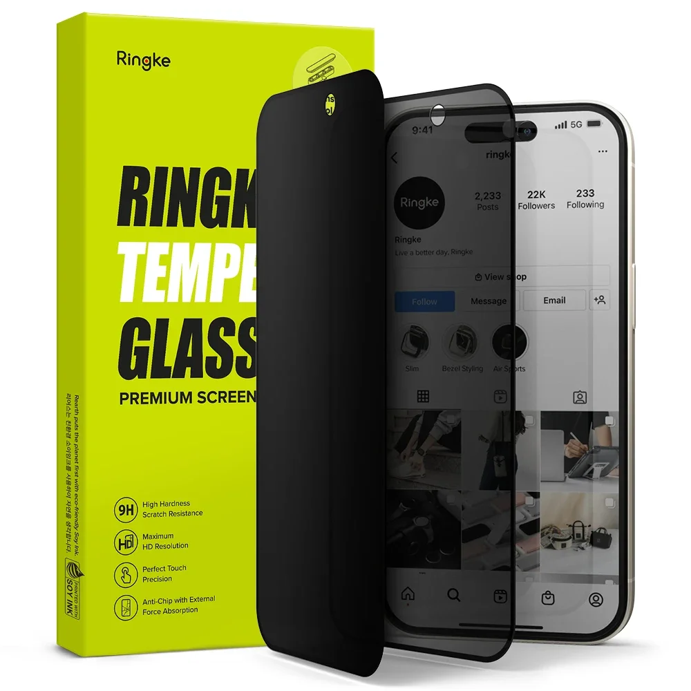 Ringke iPhone 15 Anti-spy skjermbeskytter i glass med monteringsverktøy