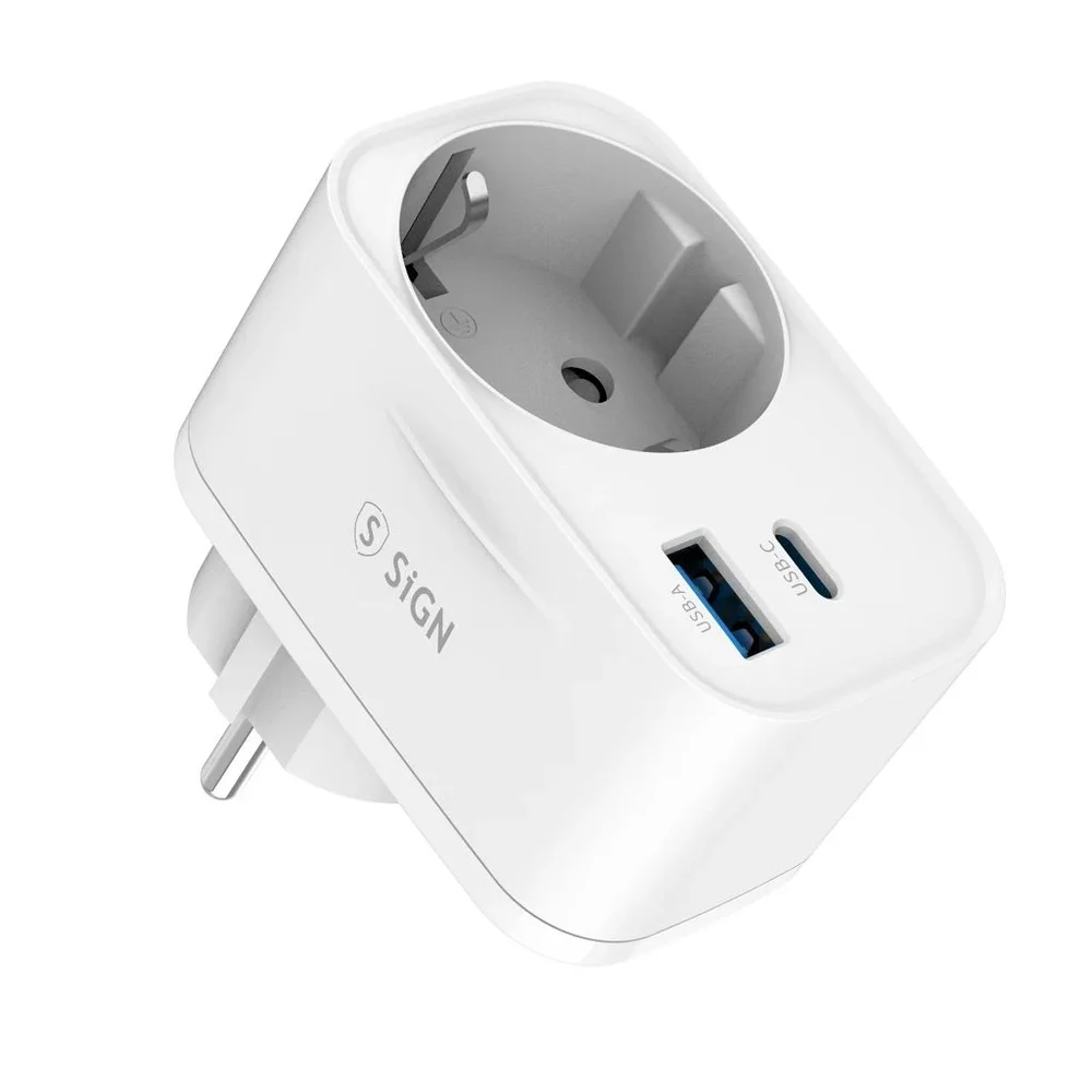 SiGN Veggadapter med strømuttak + USB-C + USB-A 20W, Hvit SiGN Veggadapter med strømuttak + USB-C + USB-A 20W, Hvit