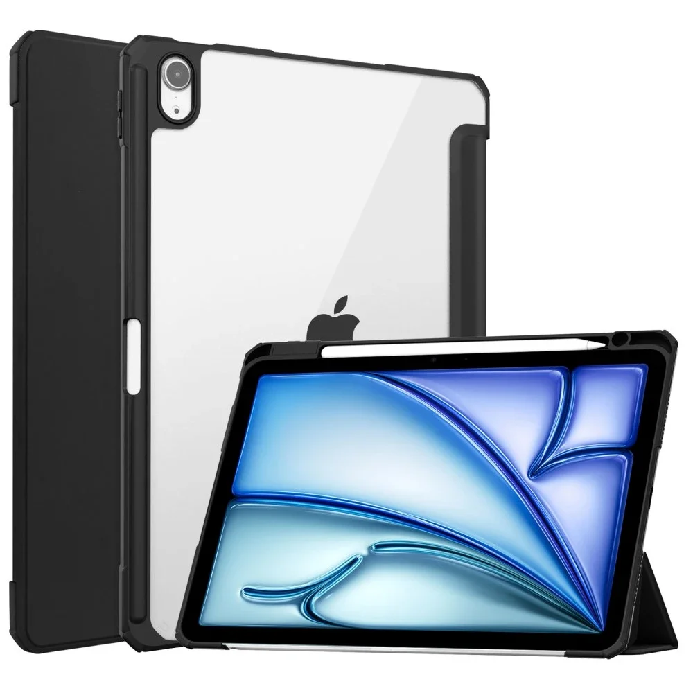 Apple iPad Air 11 6th Gen (2024) Tri-fold etui med pennholder, Svart/gjennomsiktig