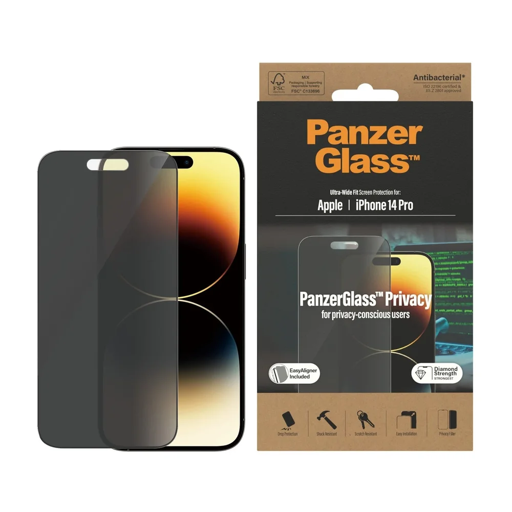 PanzerGlass iPhone 14 Pro Privacy skjermbeskytter med installasjonsramme - Ultra Wide Fit