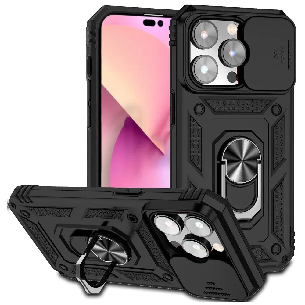 iPhone 15 Pro Max Deksel med kameralinsebeskyttelse og finger-ring, Svart iPhone 15 Pro Max Deksel med kameralinsebeskyttelse og finger-ring, Svart