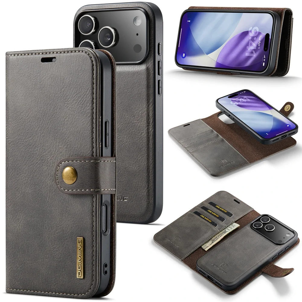 DG.MING iPhone 17 Pro Max Lommeboketui med avtakbart deksel, Brown